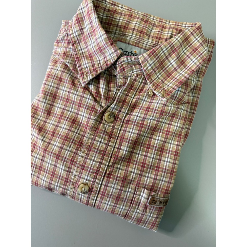 Carhartt Mens Plaid Short Sleeve Button Down Shirt Red Tan Cotton Size M